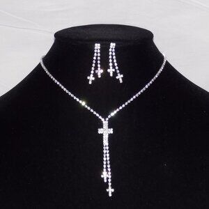 Silver necklace and earrings set Rhinestone Crystal Cross Bridal necklace set